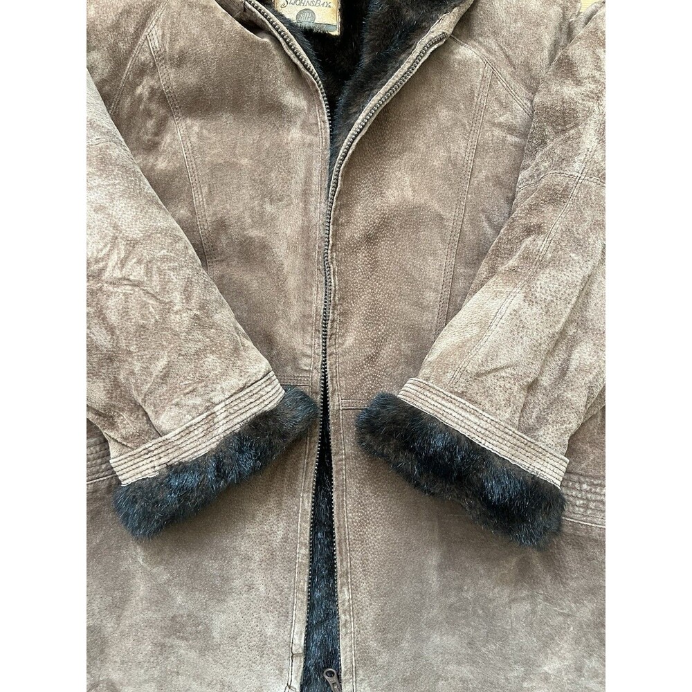 Vtg St Johns Bay Suede Leather Faux Fur Lined  Jacket Zip Hood Womens Sz M Brown - Picture 3 of 11